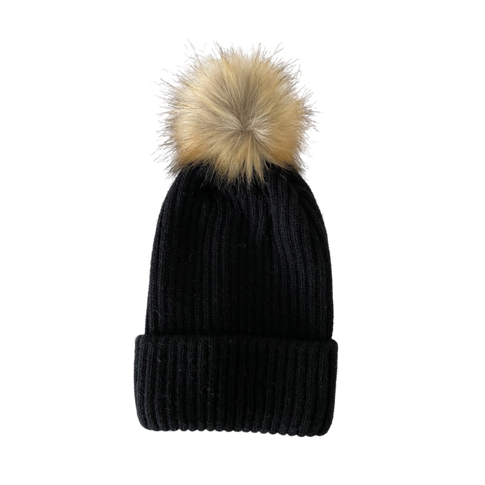 Merino Wool Fur Pom Pom Beanie - Black O/S‎ $40